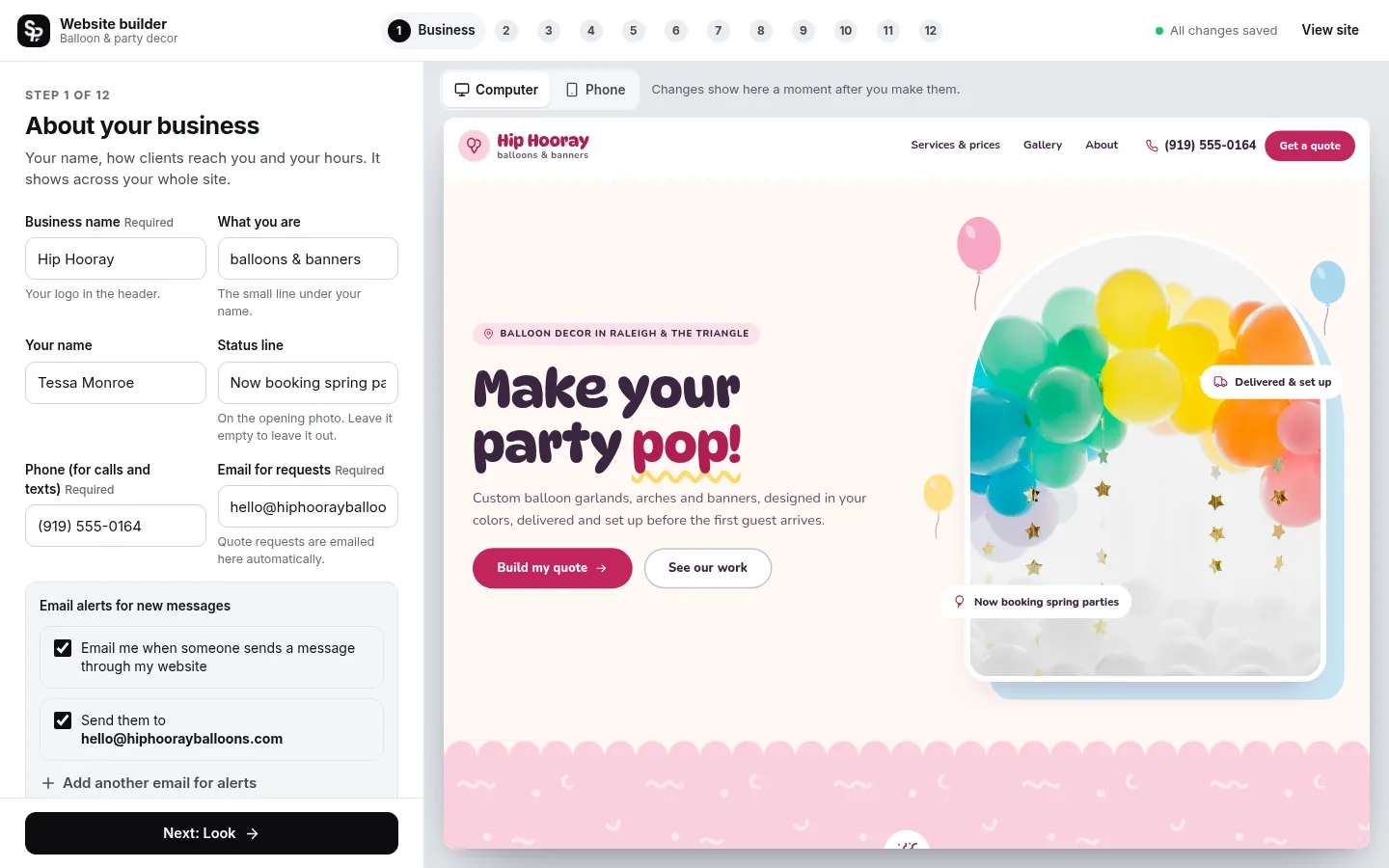 The builder at the “Tell it about your business” step: the editing panel on the left and a live preview of the site on the right