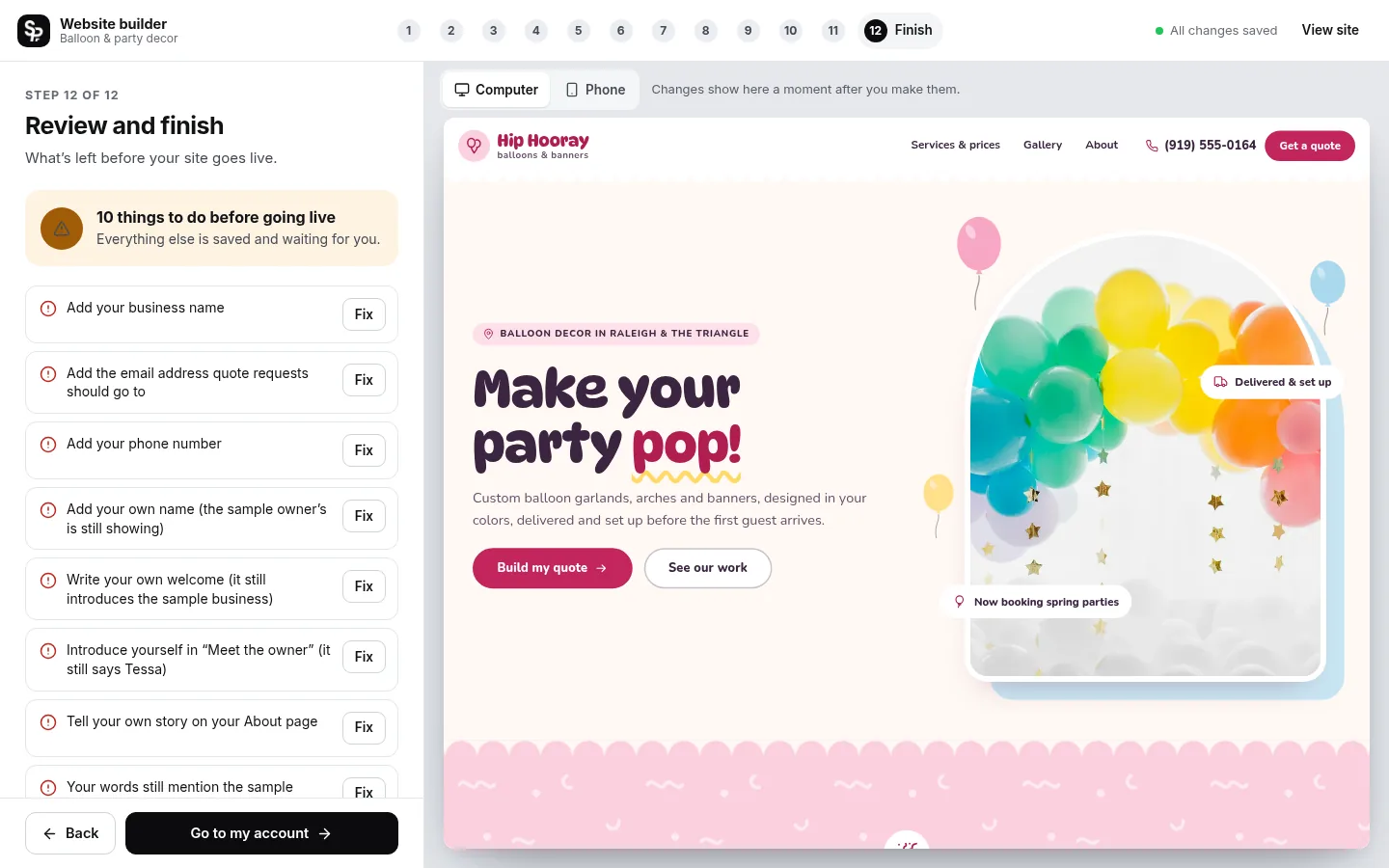 The builder at the “Check it and go live” step: the editing panel on the left and a live preview of the site on the right