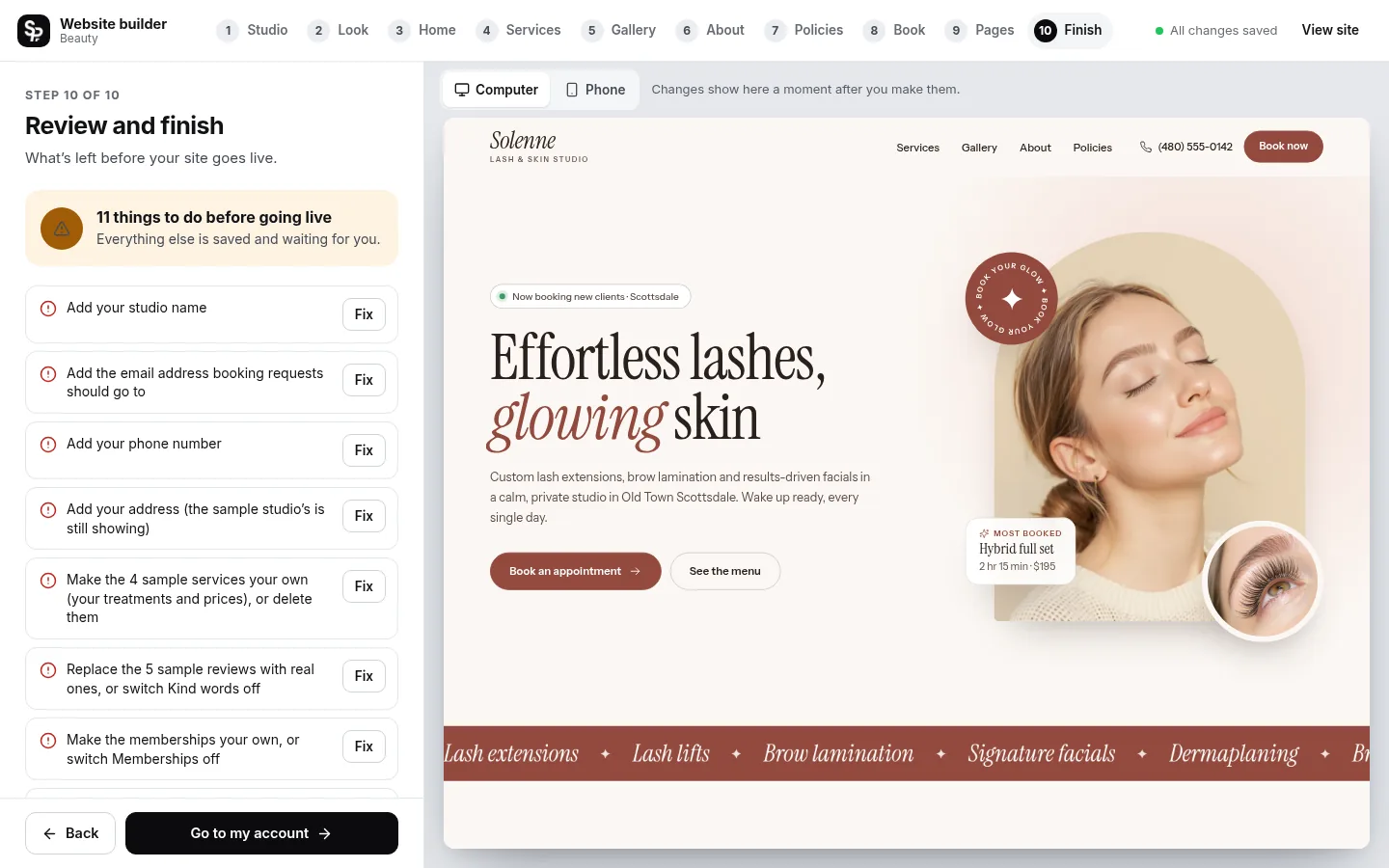 The builder at the “Check it and go live” step: the editing panel on the left and a live preview of the site on the right