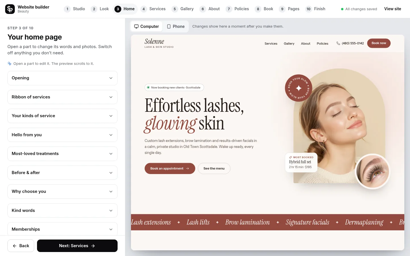 The builder at the “Edit your home page, part by part” step: the editing panel on the left and a live preview of the site on the right