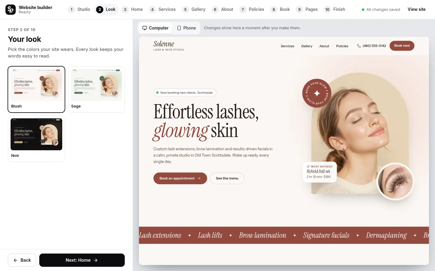 The builder at the “Pick your look” step: the editing panel on the left and a live preview of the site on the right