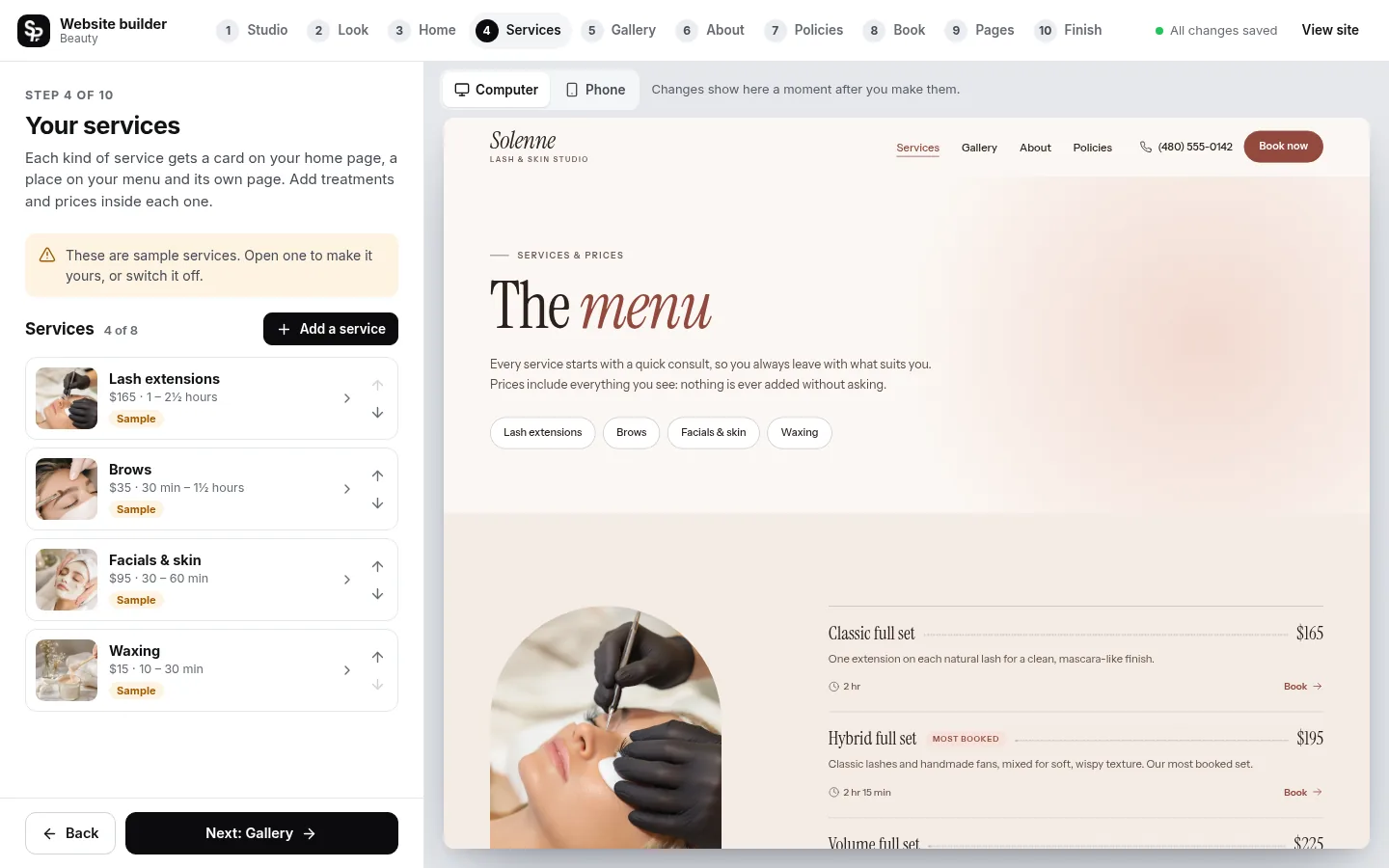 The builder at the “List your services and prices” step: the editing panel on the left and a live preview of the site on the right