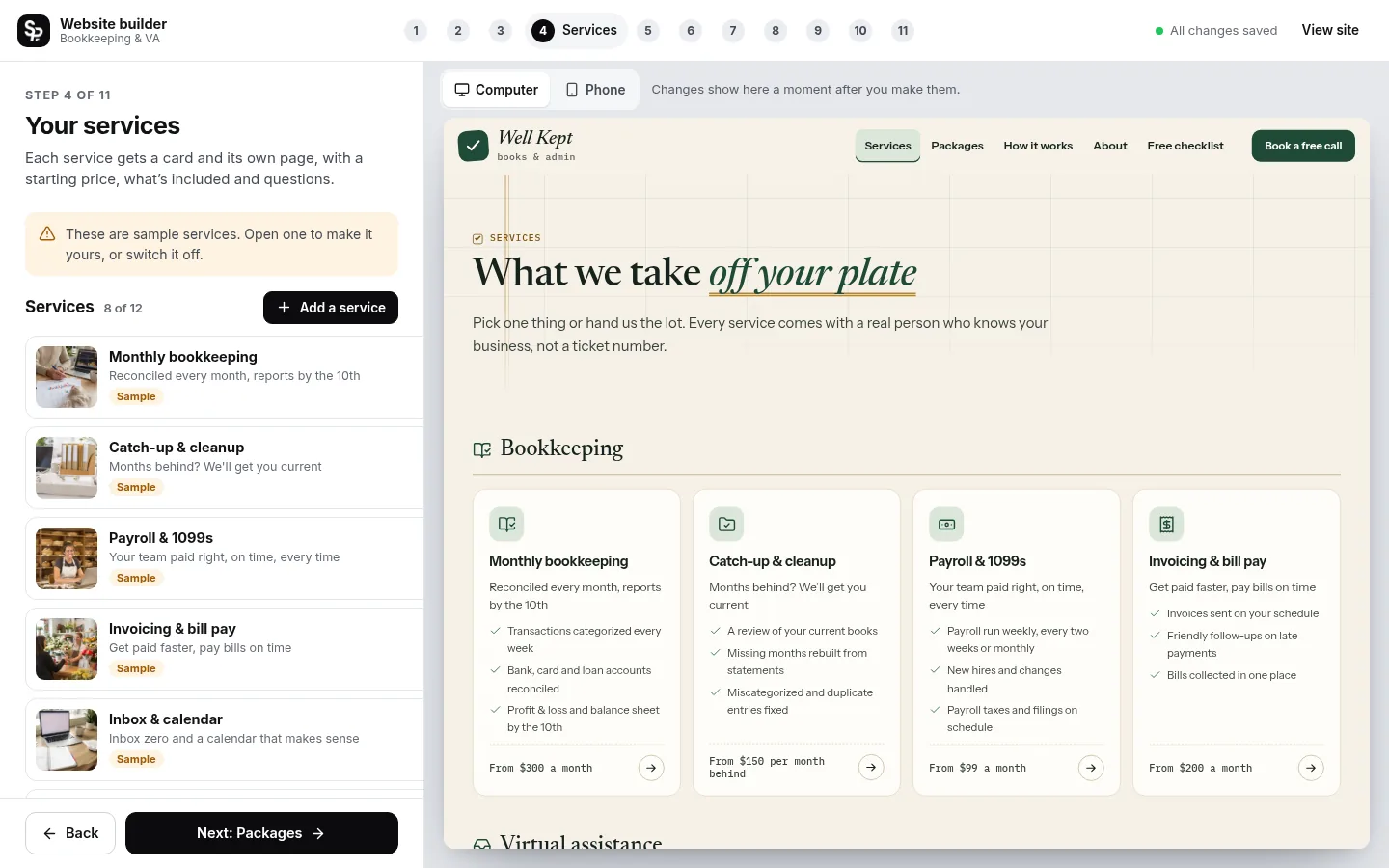 The builder at the “Add your services and prices” step: the editing panel on the left and a live preview of the site on the right