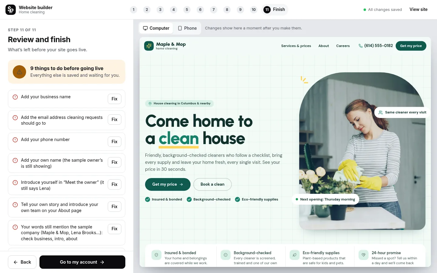 The builder at the “Check it and go live” step: the editing panel on the left and a live preview of the site on the right