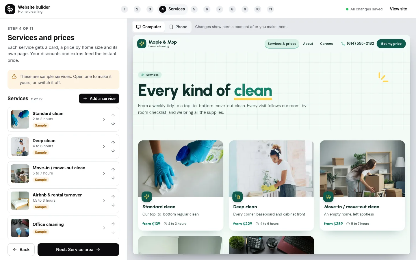 The builder at the “Set your prices” step: the editing panel on the left and a live preview of the site on the right
