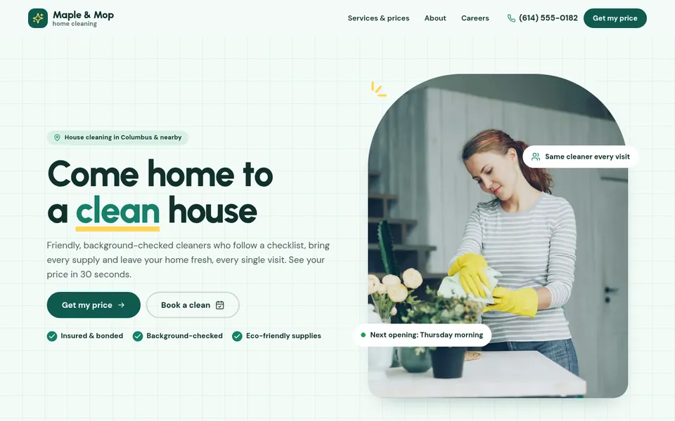 The Home cleaning template’s home page