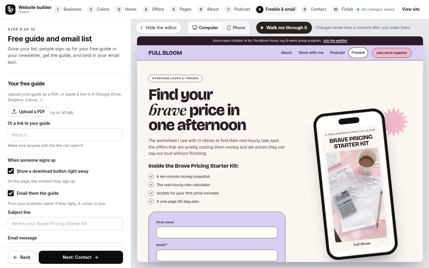 The builder at the “Grow your email list” step: the editing panel on the left and a live preview of the site on the right
