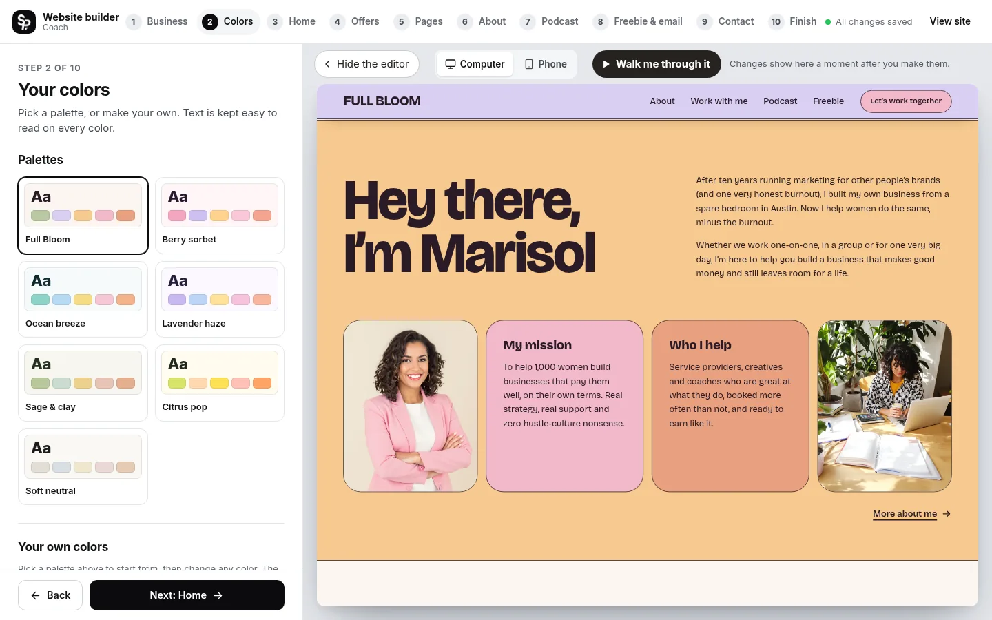 The builder at the “Pick your colors” step: the editing panel on the left and a live preview of the site on the right