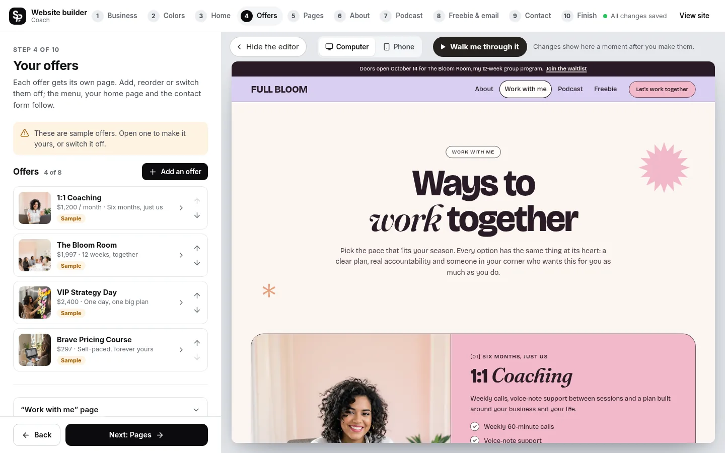 The builder at the “Add your offers” step: the editing panel on the left and a live preview of the site on the right