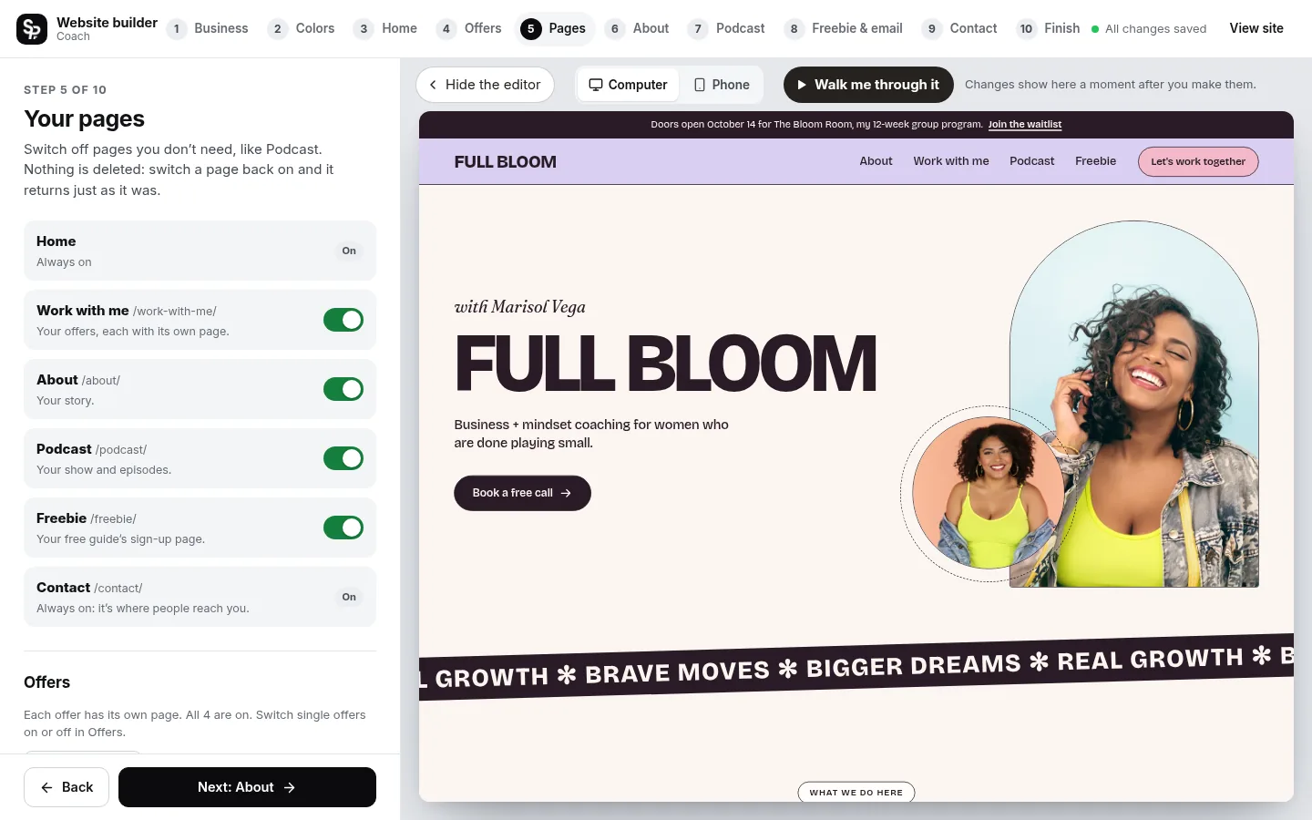 The builder at the “Hide what you don’t need” step: the editing panel on the left and a live preview of the site on the right