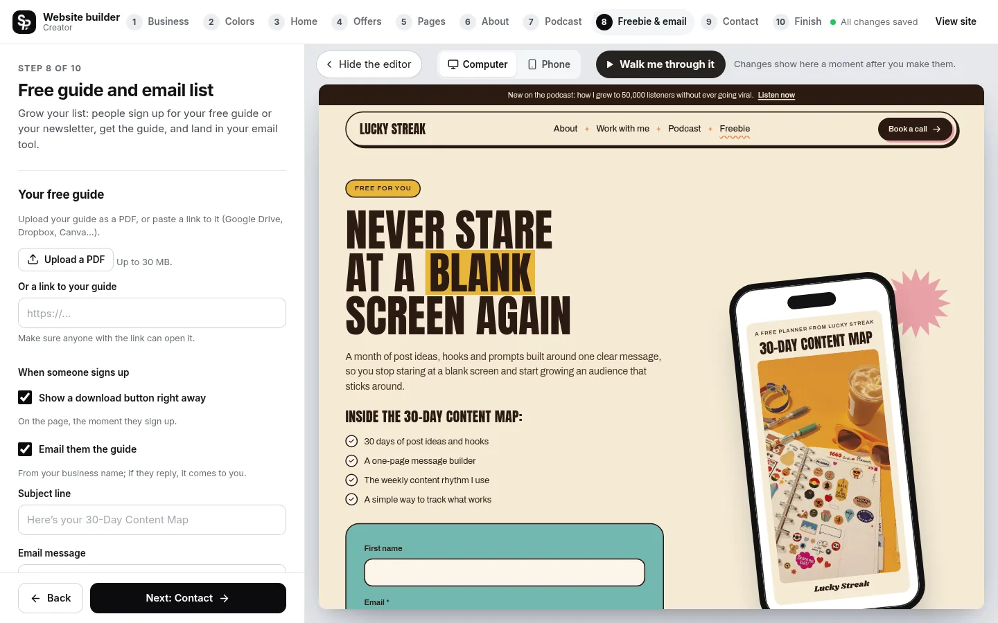 The builder at the “Grow your email list” step: the editing panel on the left and a live preview of the site on the right