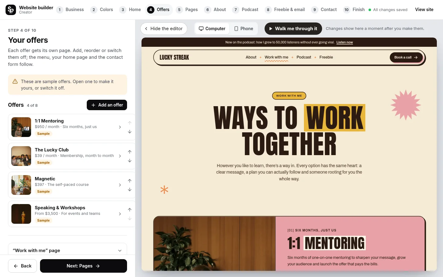 The builder at the “Add your offers” step: the editing panel on the left and a live preview of the site on the right