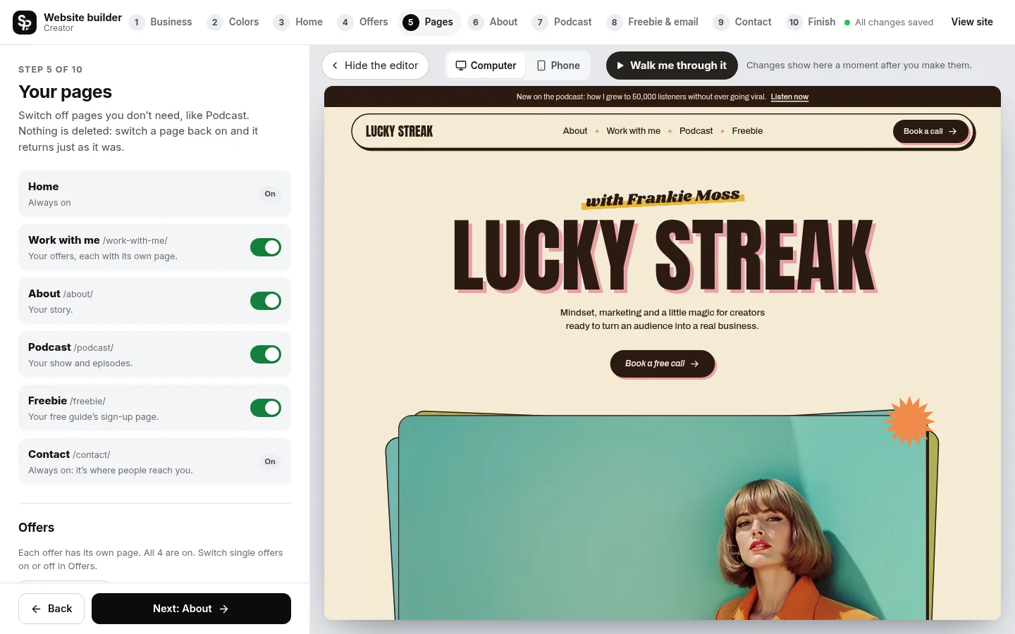 The builder at the “Hide what you don’t need” step: the editing panel on the left and a live preview of the site on the right