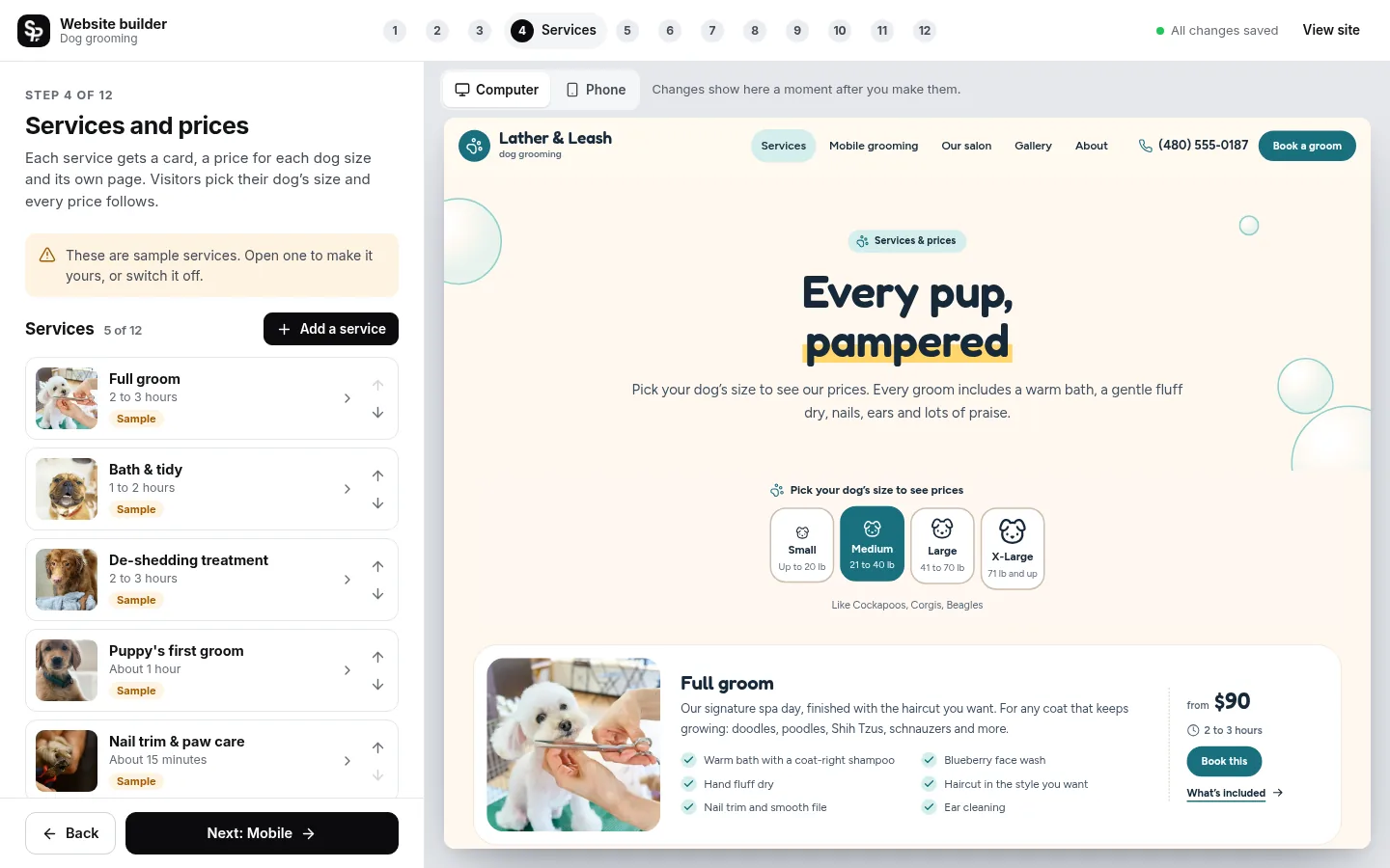 The builder at the “Set a price for every size” step: the editing panel on the left and a live preview of the site on the right
