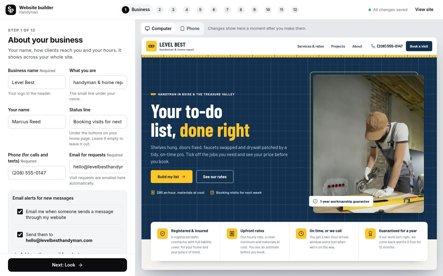 The builder at the “Tell it about your business” step: the editing panel on the left and a live preview of the site on the right