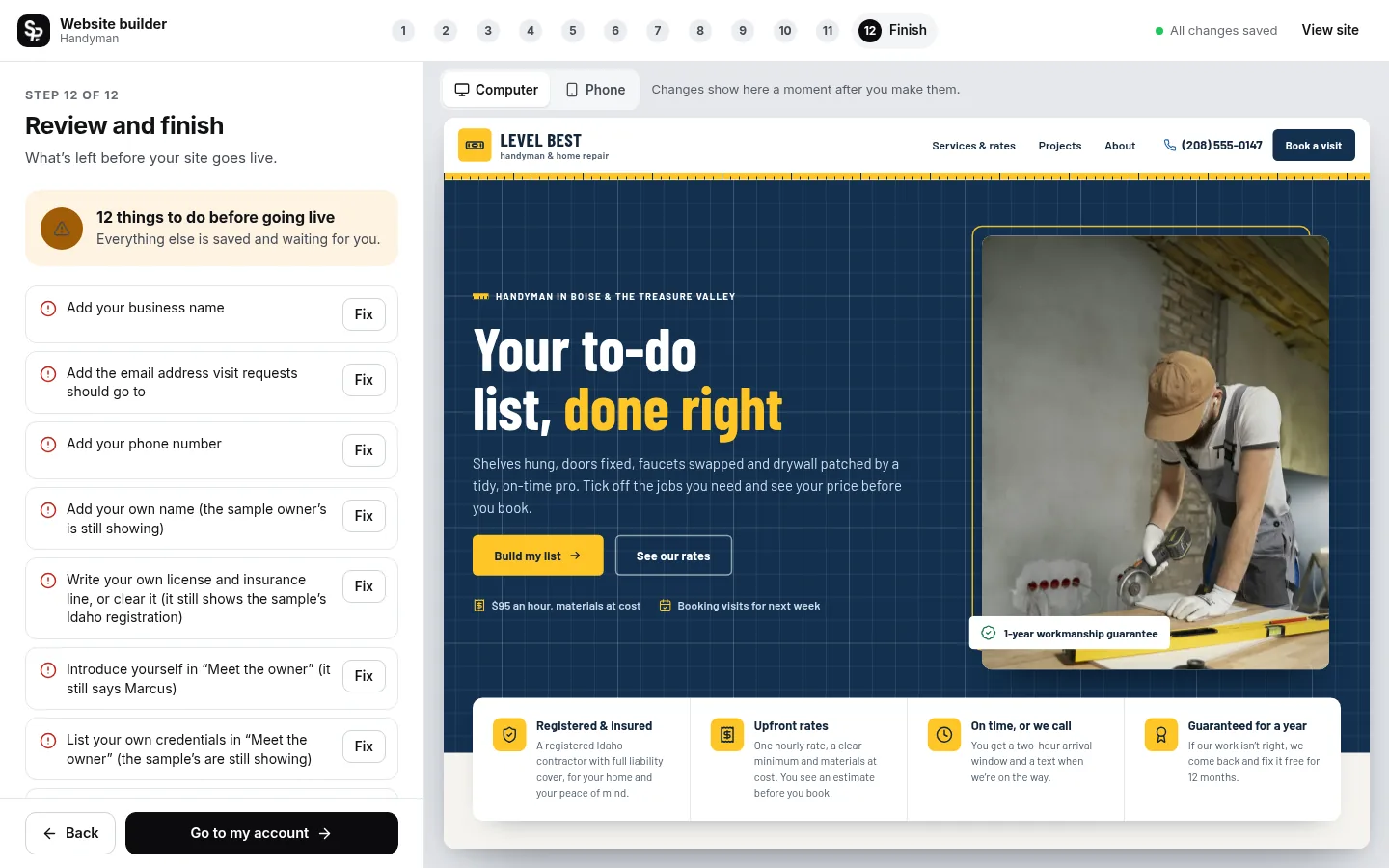 The builder at the “Check it and go live” step: the editing panel on the left and a live preview of the site on the right