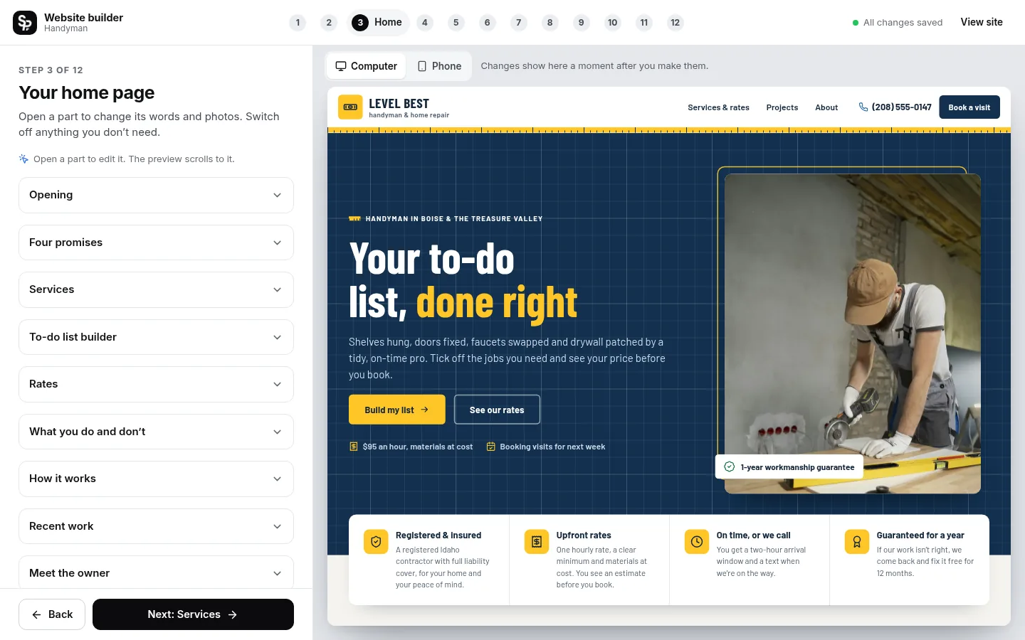 The builder at the “Edit your home page, part by part” step: the editing panel on the left and a live preview of the site on the right