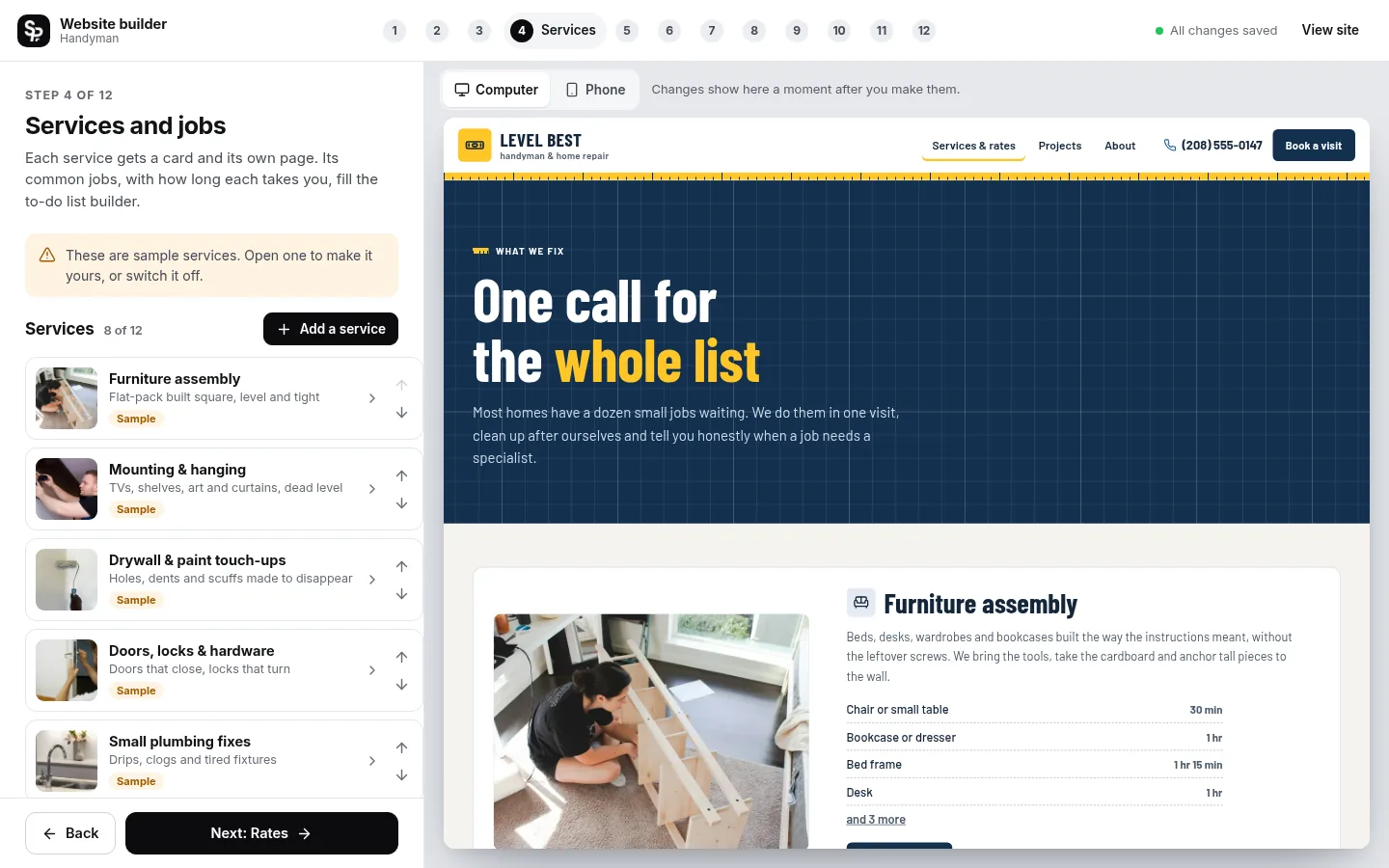The builder at the “Set your jobs and times” step: the editing panel on the left and a live preview of the site on the right