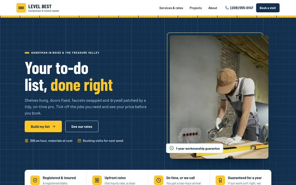 The Handyman template’s home page
