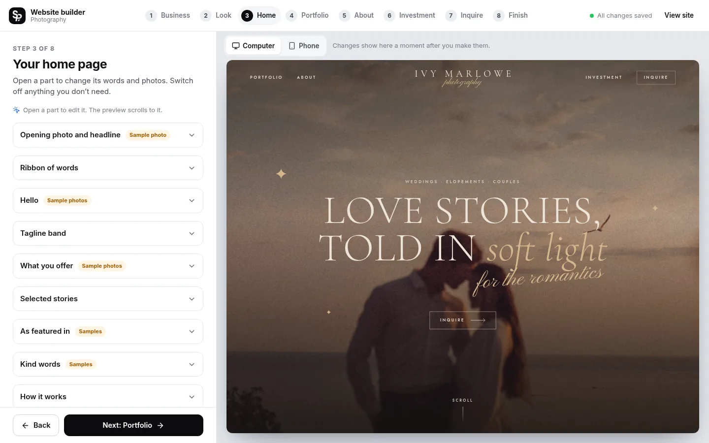 The builder at the “Edit each page, part by part” step: the editing panel on the left and a live preview of the site on the right