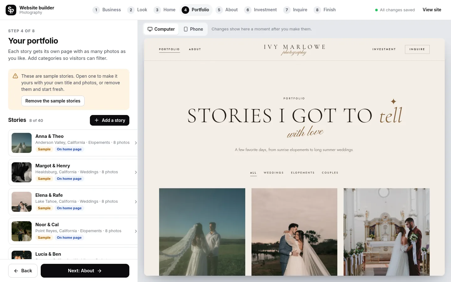 The builder at the “Add your photos” step: the editing panel on the left and a live preview of the site on the right