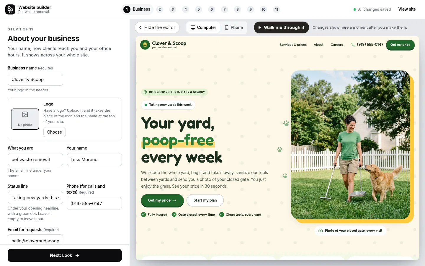 The builder at the “Tell it about your business” step: the editing panel on the left and a live preview of the site on the right