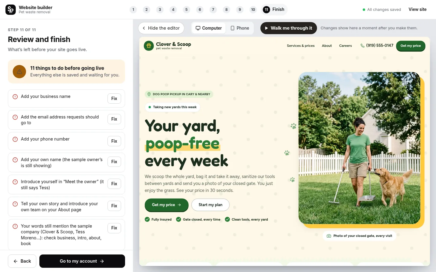The builder at the “Check it and go live” step: the editing panel on the left and a live preview of the site on the right
