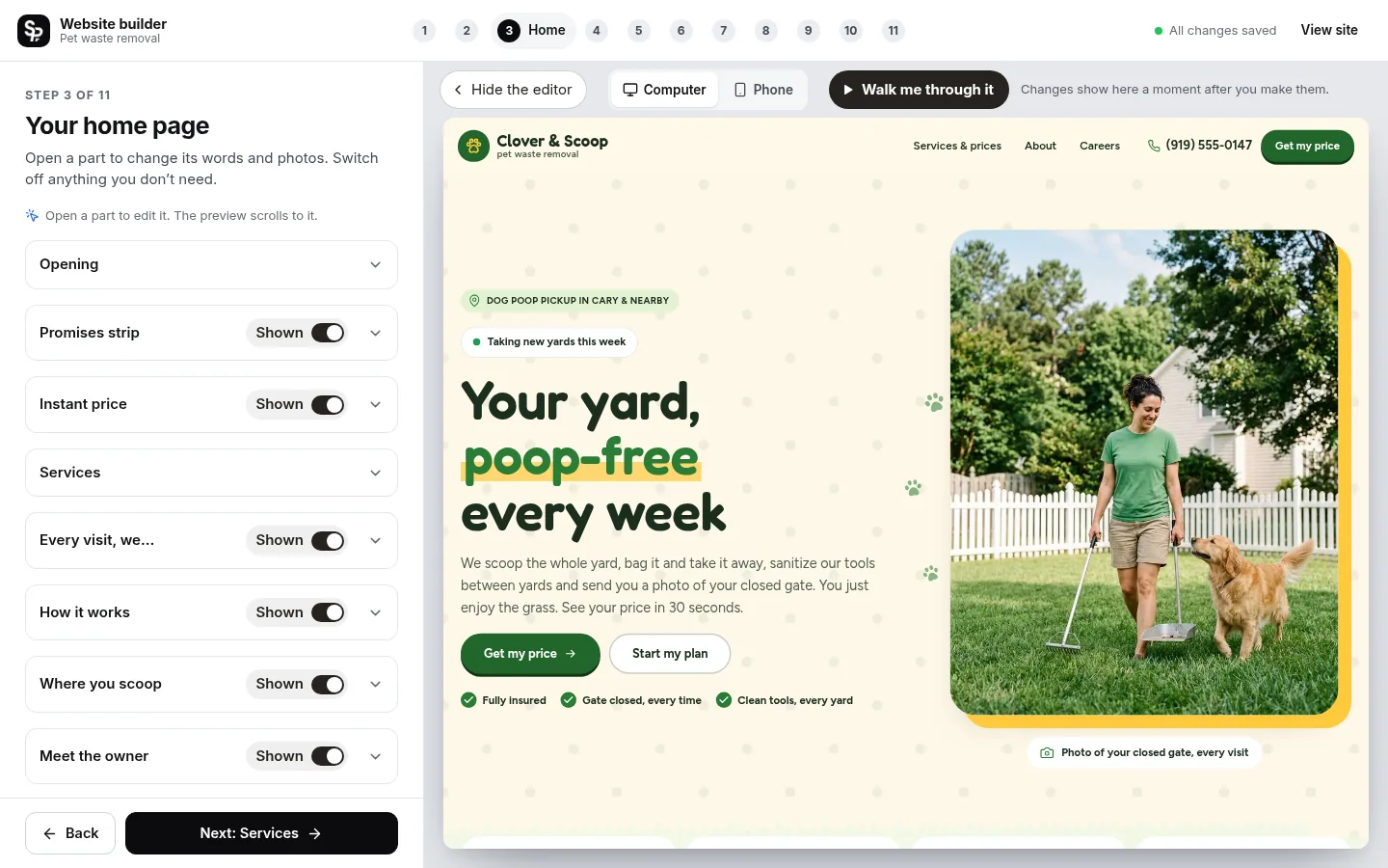The builder at the “Edit your home page, part by part” step: the editing panel on the left and a live preview of the site on the right