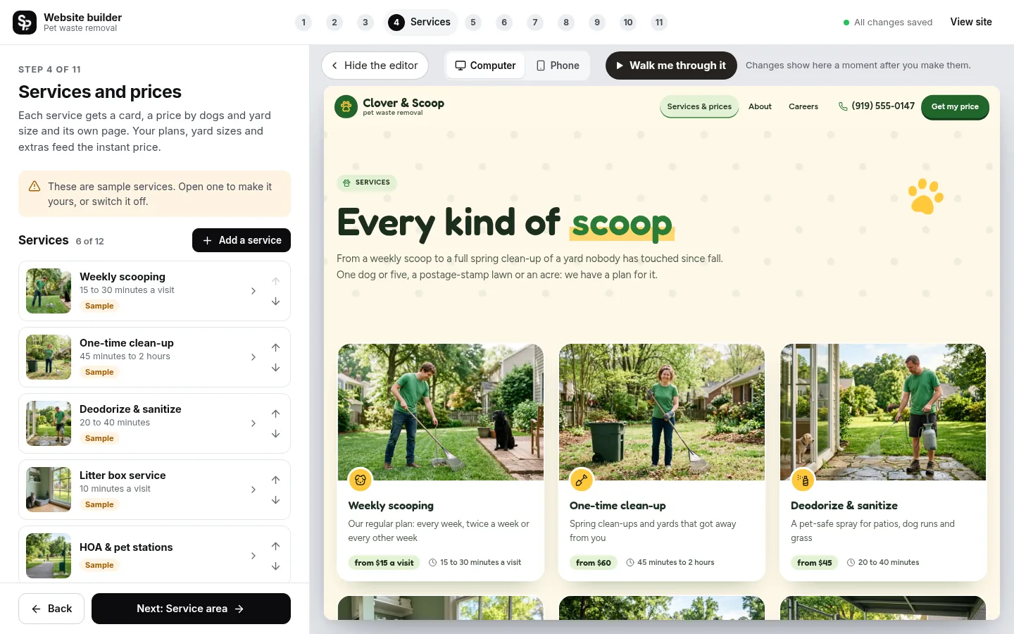 The builder at the “Set your prices” step: the editing panel on the left and a live preview of the site on the right
