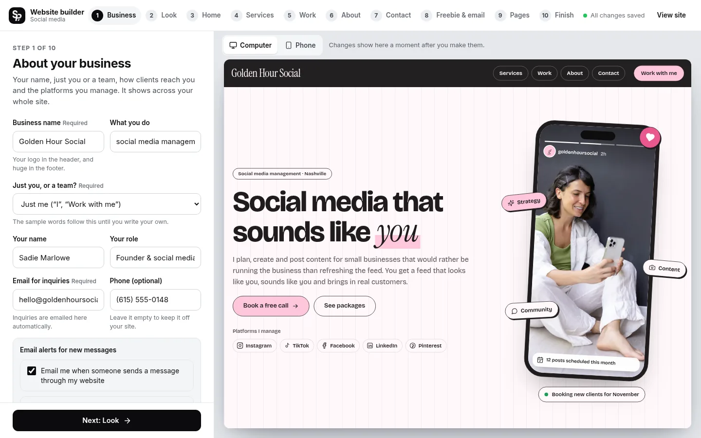 The builder at the “Just you, or a team?” step: the editing panel on the left and a live preview of the site on the right