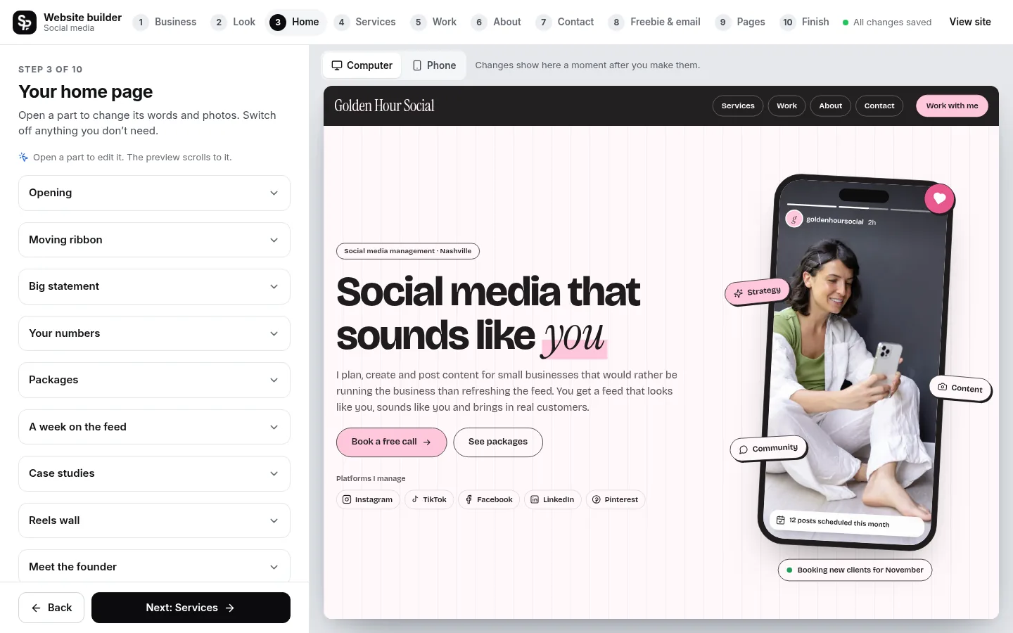 The builder at the “Edit your home page, part by part” step: the editing panel on the left and a live preview of the site on the right