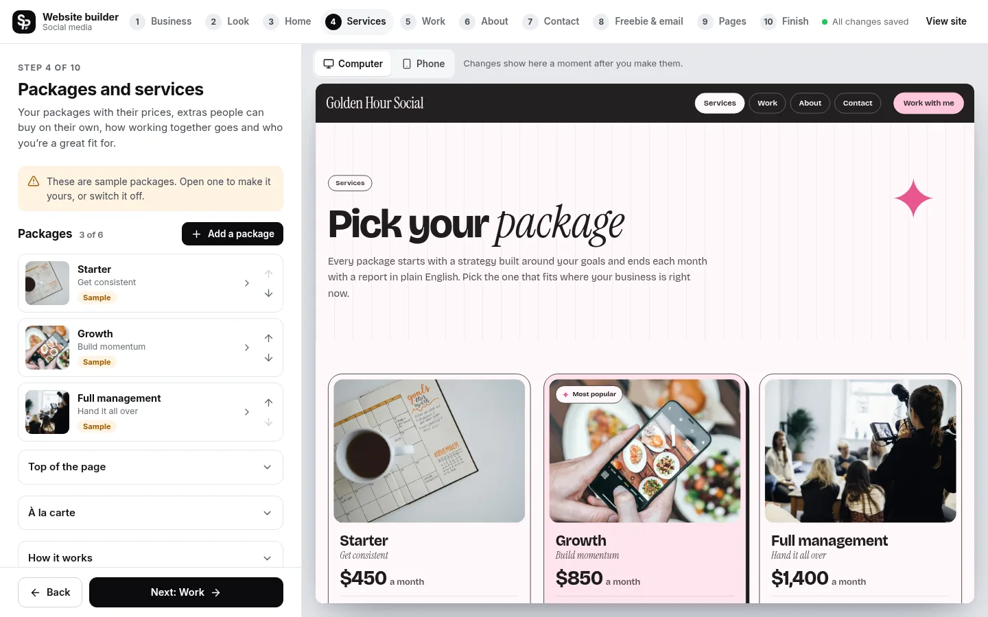 The builder at the “Set your packages and prices” step: the editing panel on the left and a live preview of the site on the right