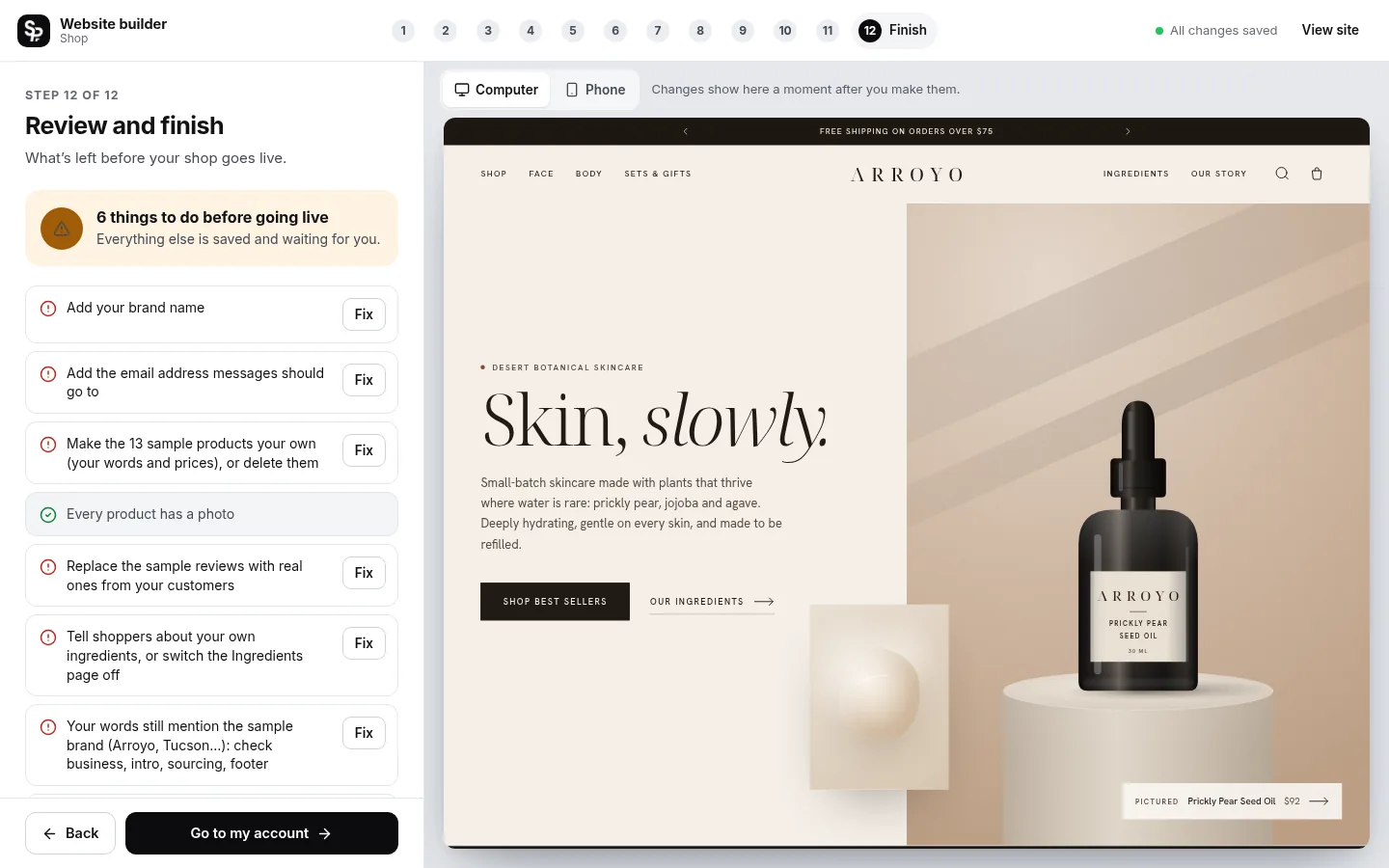 The builder at the “Check it and go live” step: the editing panel on the left and a live preview of the site on the right