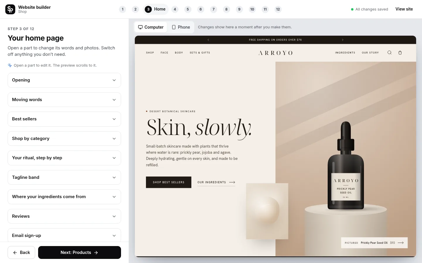 The builder at the “Edit your home page, part by part” step: the editing panel on the left and a live preview of the site on the right