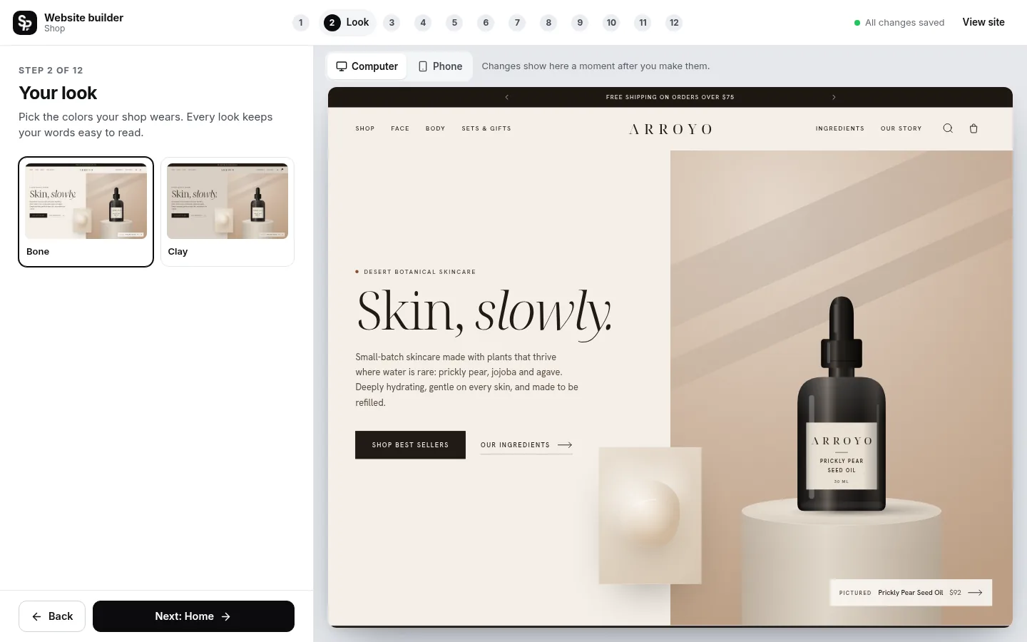 The builder at the “Pick your look” step: the editing panel on the left and a live preview of the site on the right