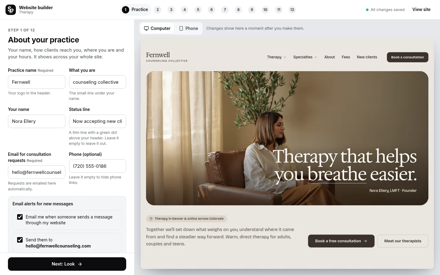 The builder at the “Tell it about your practice” step: the editing panel on the left and a live preview of the site on the right