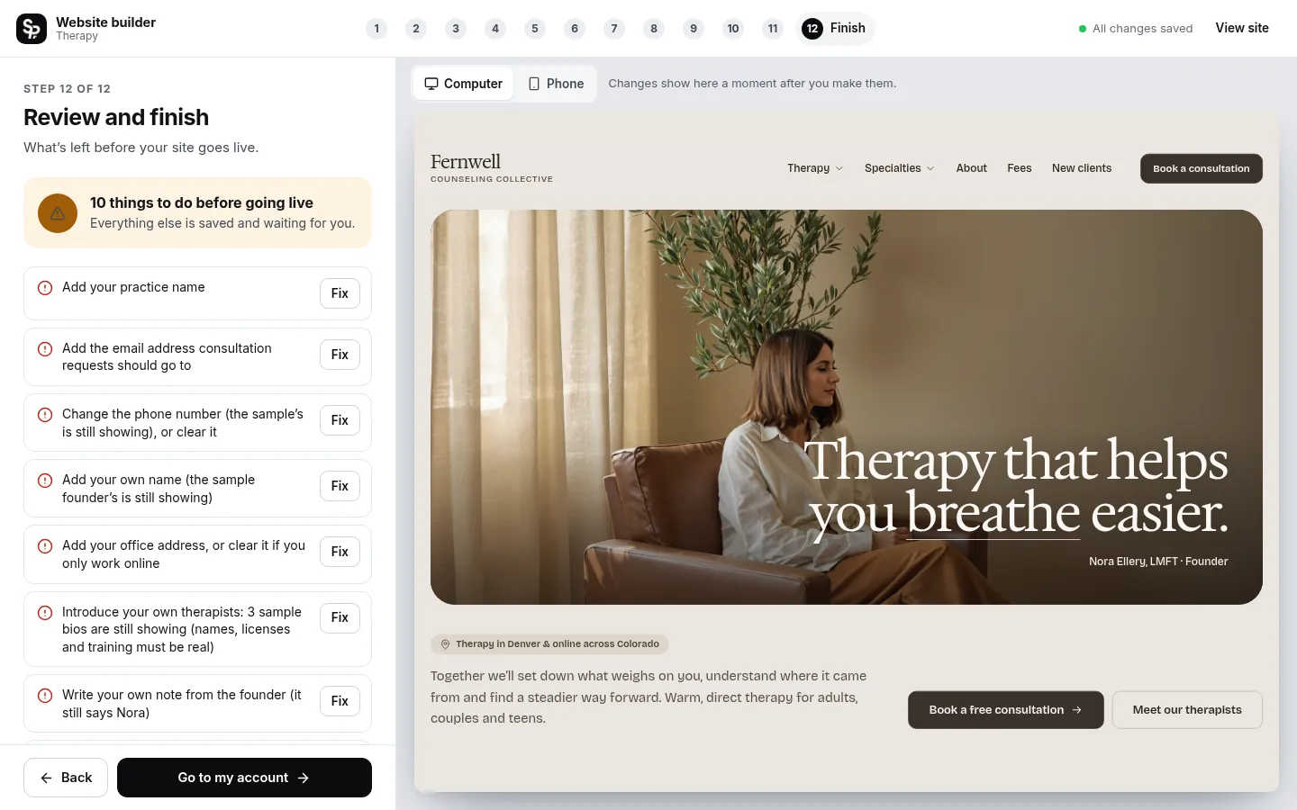 The builder at the “Check it and go live” step: the editing panel on the left and a live preview of the site on the right