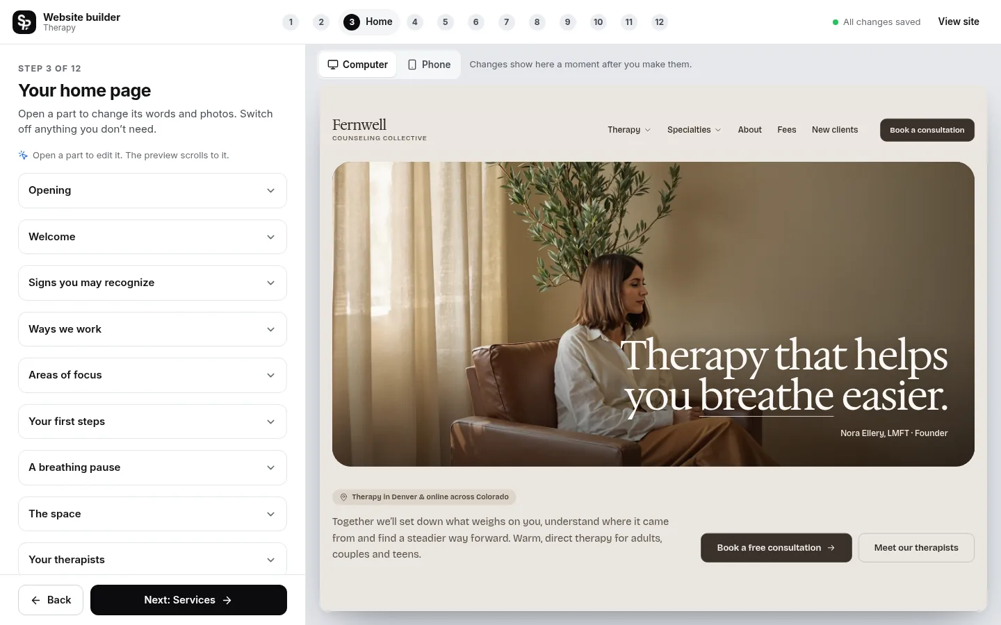 The builder at the “Edit your home page, part by part” step: the editing panel on the left and a live preview of the site on the right