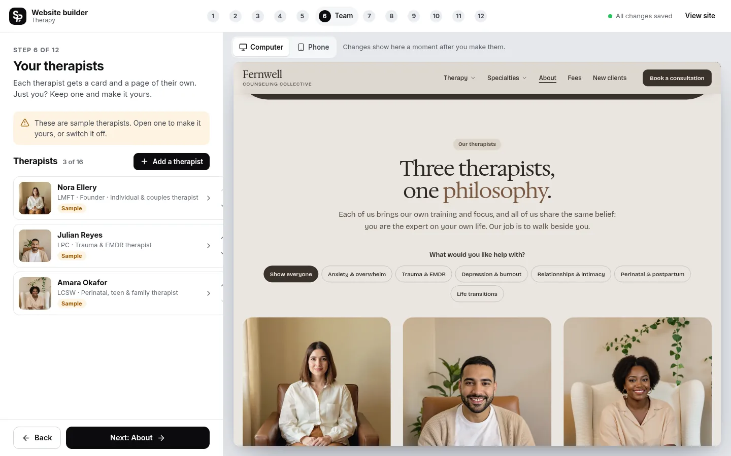 The builder at the “Introduce your therapists” step: the editing panel on the left and a live preview of the site on the right