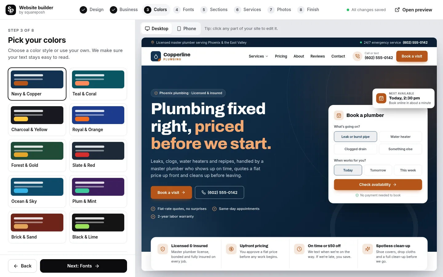 The builder at the “Pick your colors” step: the editing panel on the left and a live preview of the site on the right