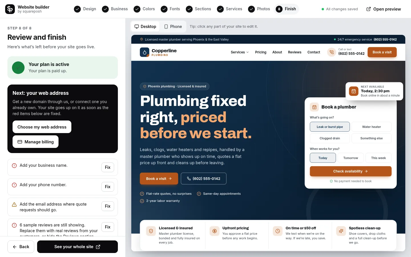 The builder at the “Pick your web address and go live” step: the editing panel on the left and a live preview of the site on the right