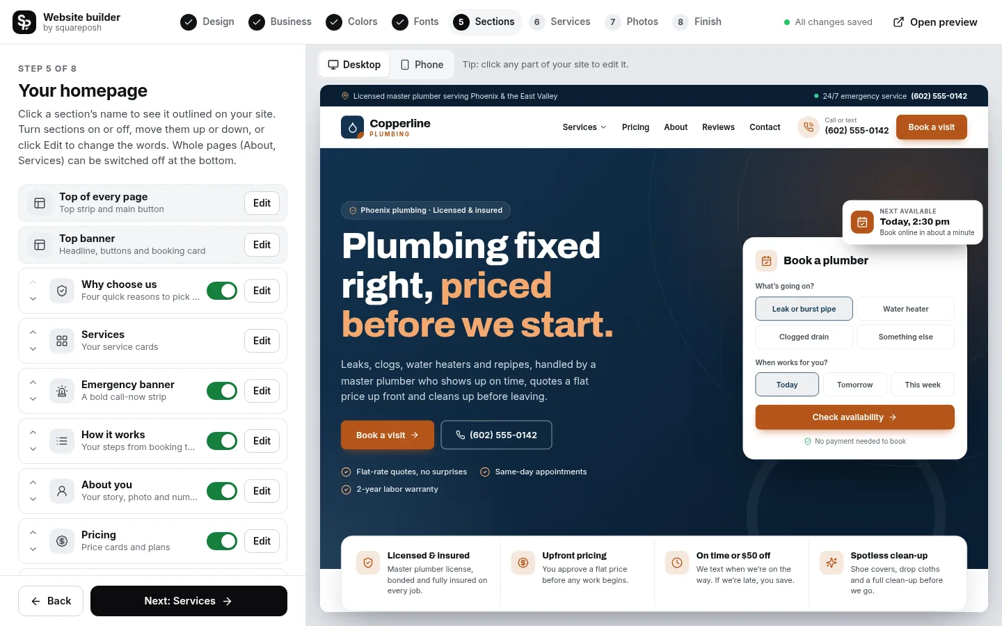 The builder at the “Choose your sections” step: the editing panel on the left and a live preview of the site on the right