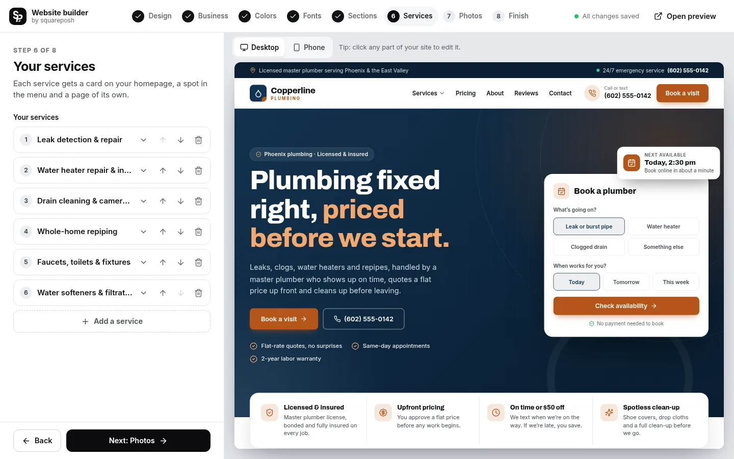 The builder at the “List your services” step: the editing panel on the left and a live preview of the site on the right