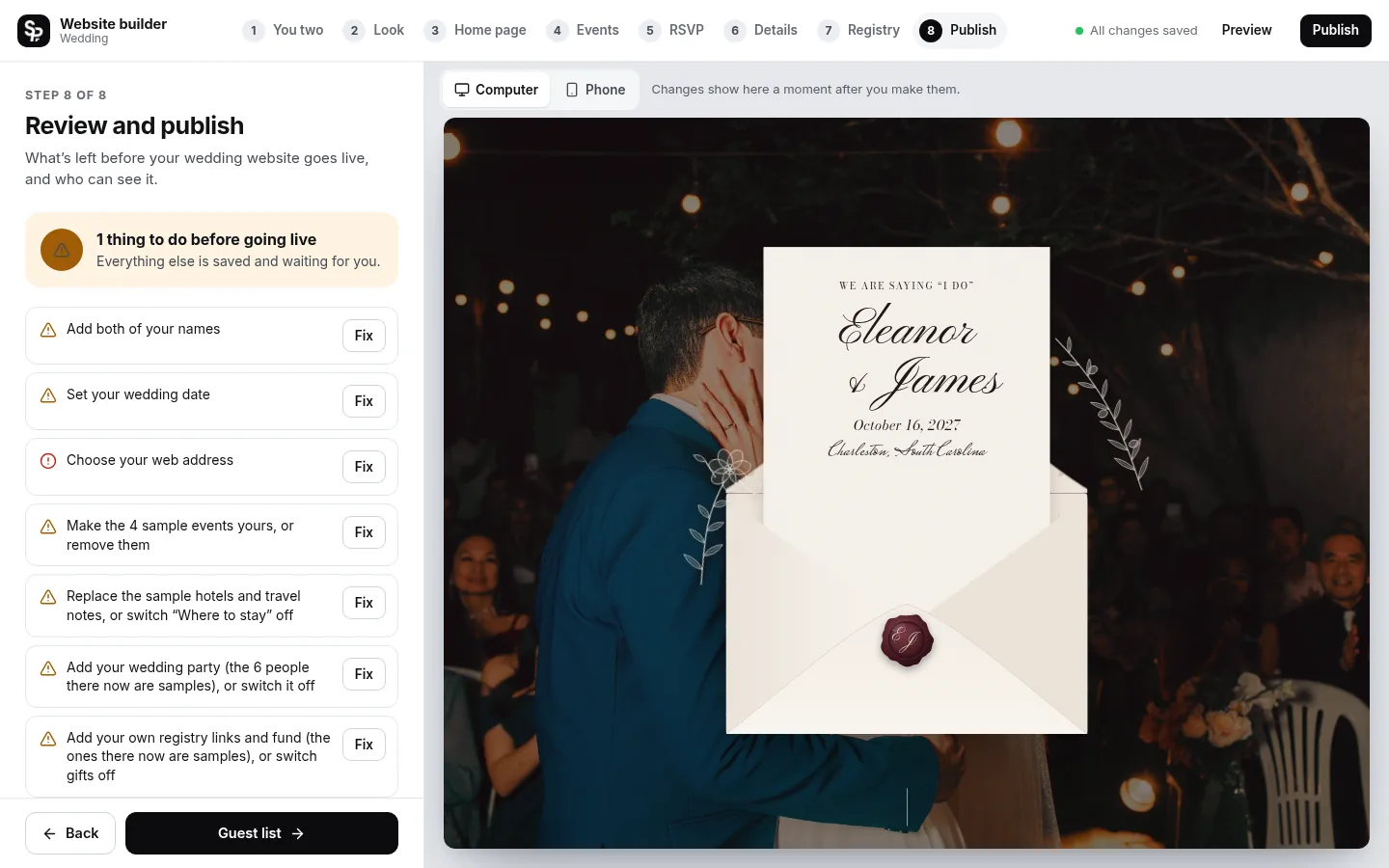 The builder at the “Check it and publish” step: the editing panel on the left and a live preview of the site on the right