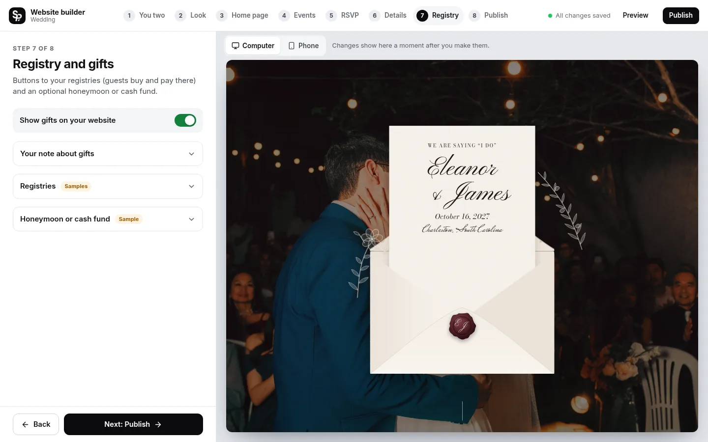 The builder at the “Registry and honeymoon fund” step: the editing panel on the left and a live preview of the site on the right