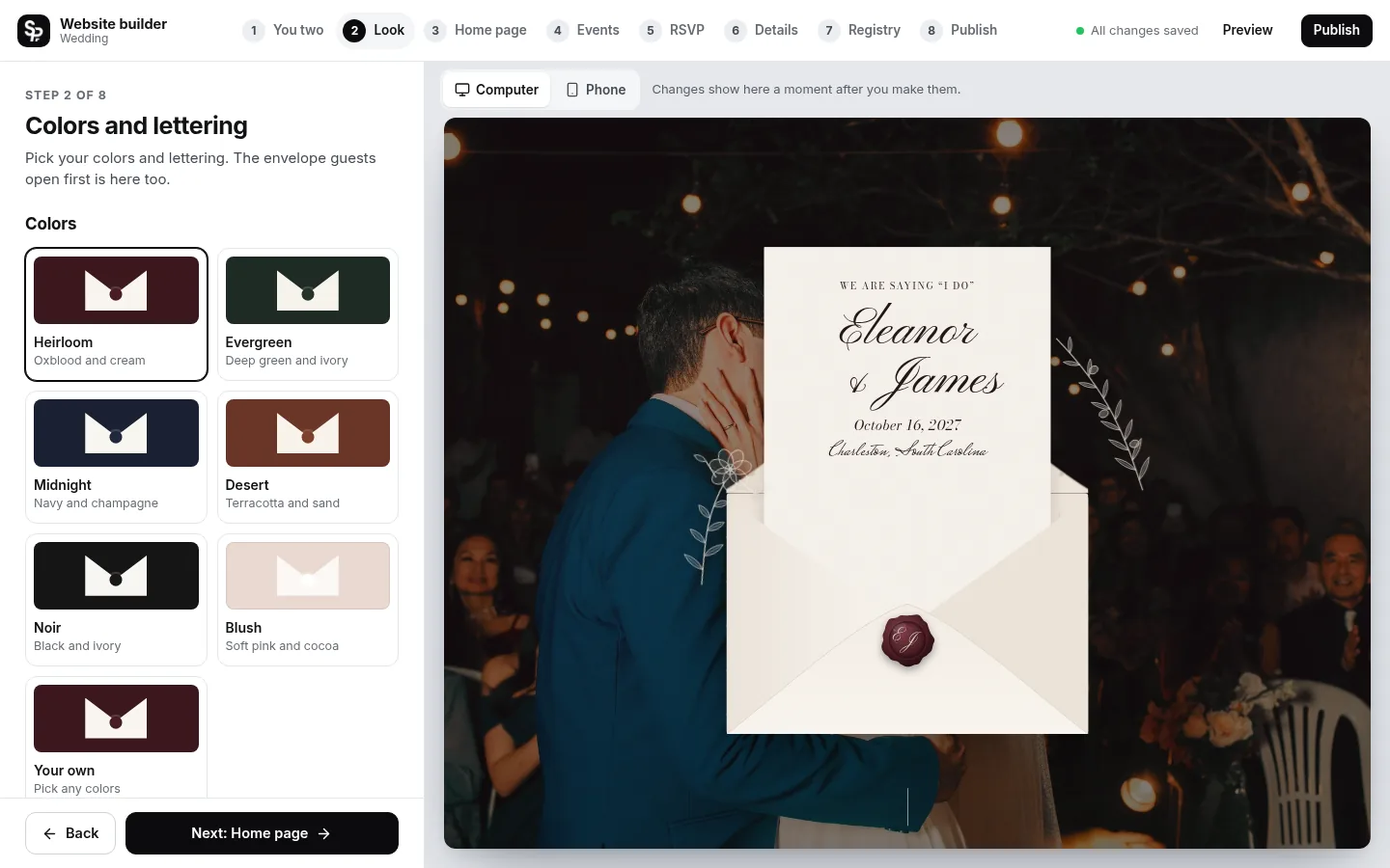 The builder at the “Colors, lettering and the envelope” step: the editing panel on the left and a live preview of the site on the right