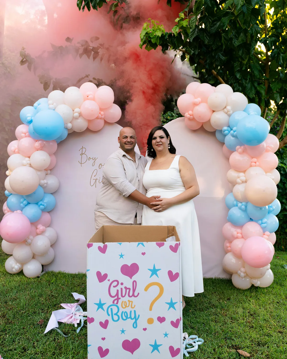 A pink and blue arch for a gender reveal