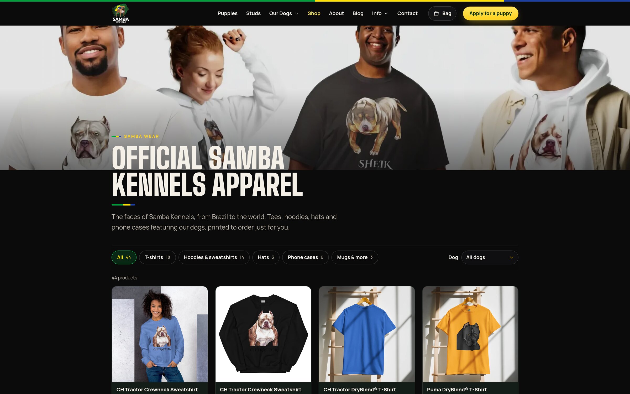 Samba Kennels Samba Wear shop with filters by product type and by dog